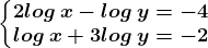 \left\\beginmatrix 2log\: x-log\: y=-4 & \\ log\: x+3log\: y=-2 & \endmatrix\right.